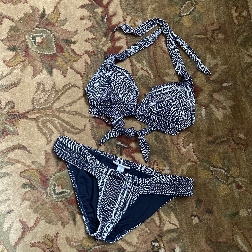 Robin Piccone Navy and White Patterned Halter Bikini